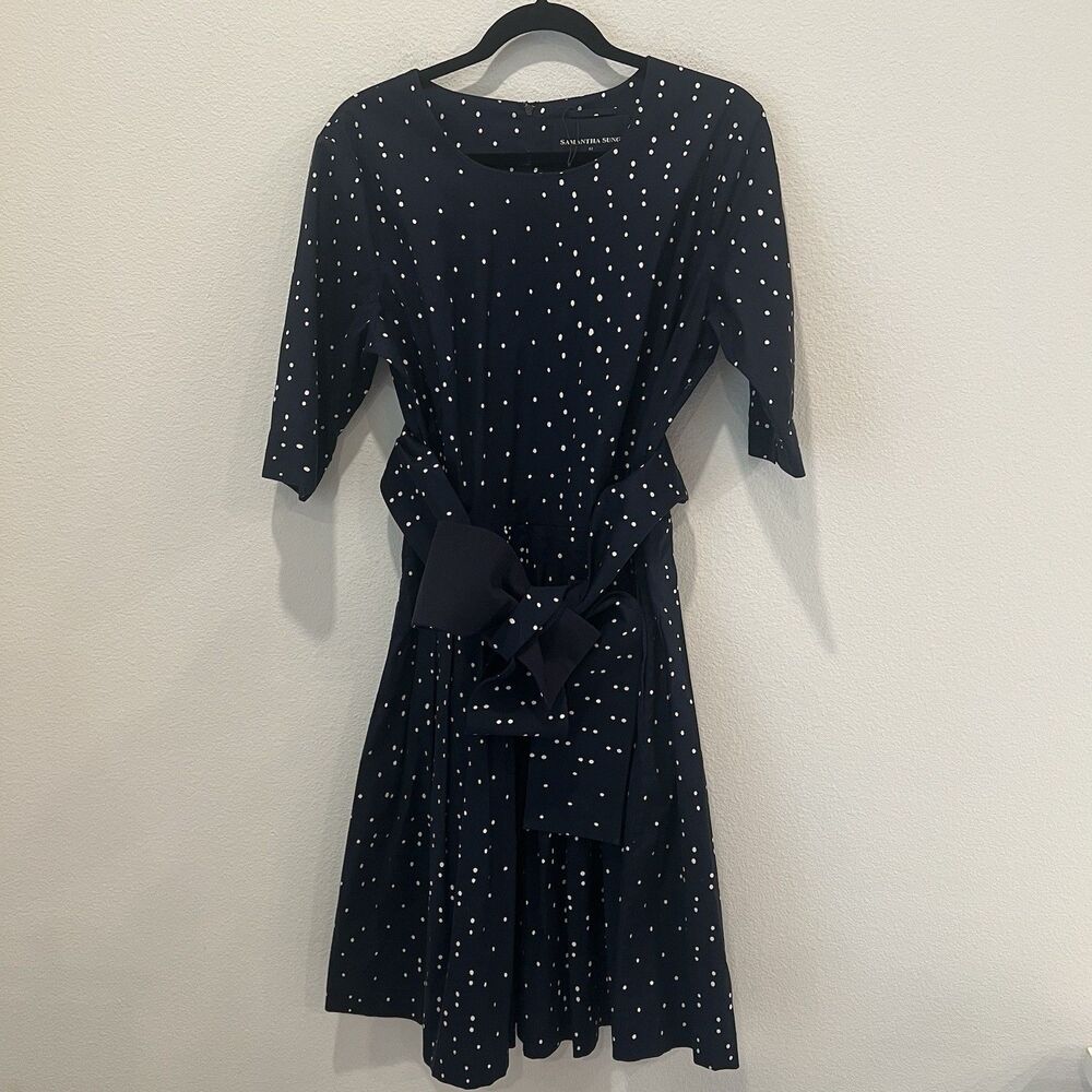 Samantha Sung 12 Midi Dress Blue Polka Pleated Oversized Belt Retro Pin Up Party